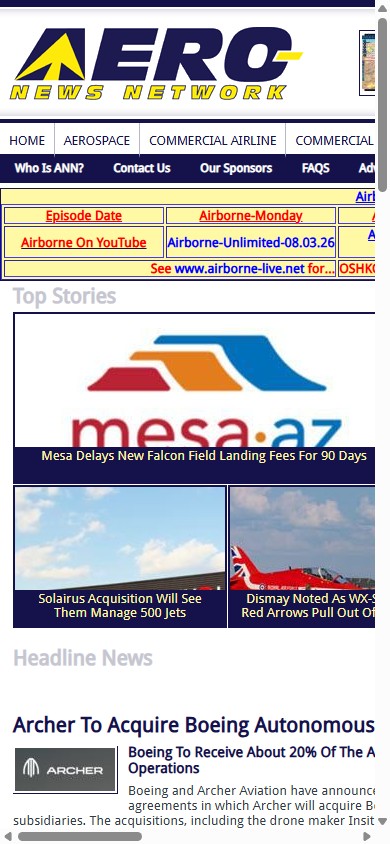 The current aero-news.net front page on a 390px phone screen, with the navigation cut off and the layout running past the right edge