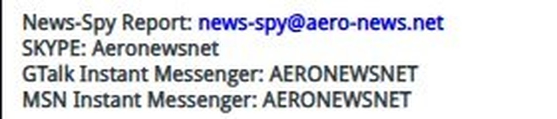 The contact block on the live aero-news.net, listing Skype, GTalk and MSN Instant Messenger